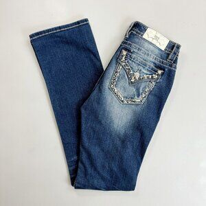 MISS ME Jeans Slim Boot SZ 28 34" Inseam Y2K Tombstone Embroidered Bling Pocket